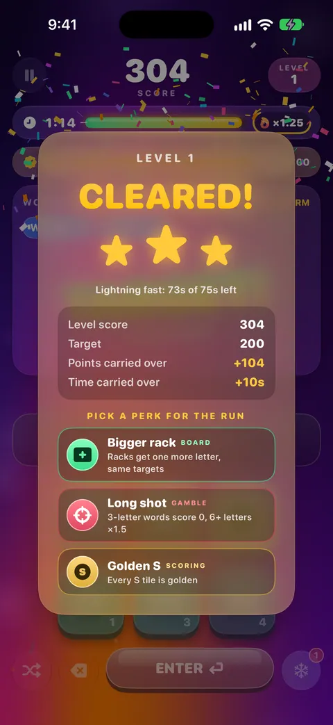 Rush: level cleared, pick a perk